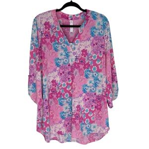 Dear Scarlett Pink Floral Roll Tab Sleeve Lizzy Top Size XL NWT